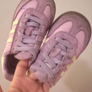 adidas Kids Purple Suede Sneakers with Yellow Stripes